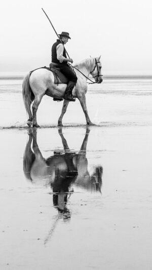 Photo en tirage limité en noir et blanc. Série chevaux de camargue de Michèle Gabet Photographie. gardian sur son cheval en bord de mer qui se reflète dans l'eau