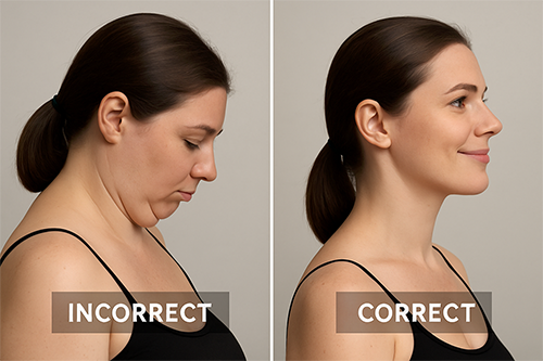 article de blog sur le posing en photo pour effacer un double menton. Image réalisée avec l'IA.
